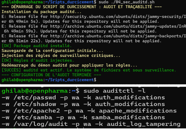 Sortie de auditctl -l listant les règles d&rsquo;audit actives sur les répertoires sensibles