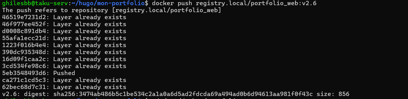 Terminal Ubuntu affichant la réussite de la commande docker push vers le registre local avec son empreinte SHA256