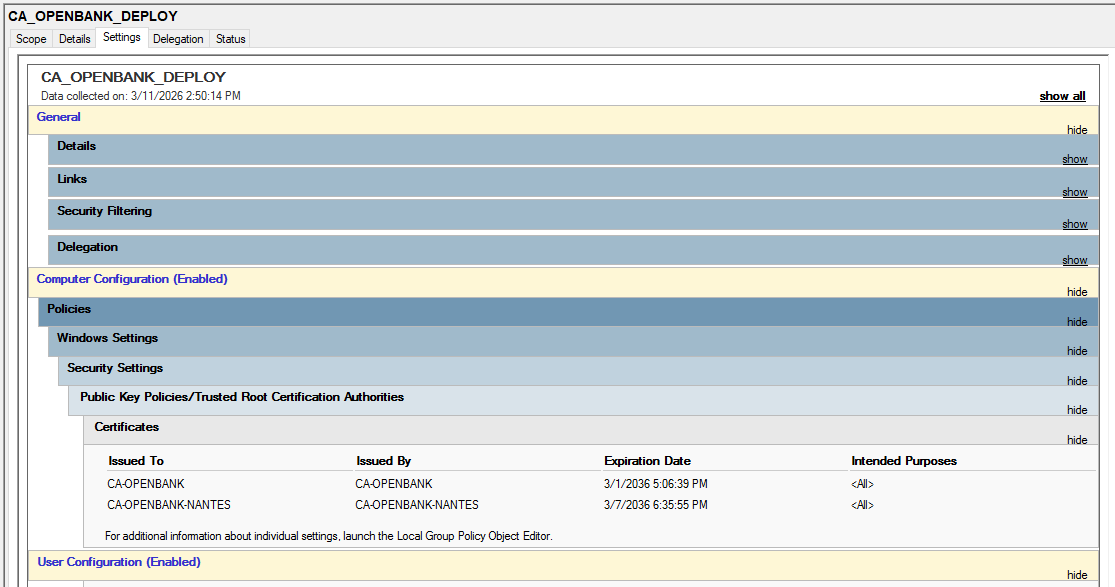 Console Éditeur de gestion des stratégies de groupe, GPO CA_OPENBANK_DEPLOY : le dossier Autorités de certification racines de confiance est peuplé avec les certificats