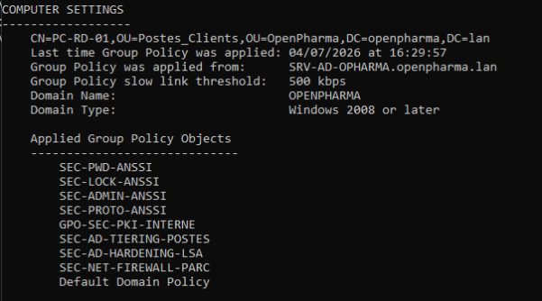 Terminal PowerShell côté client, gpresult /r : la pile de GPO SEC-PWD-ANSSI, SEC-NET-FIREWALL-PARC et les autres sont bien appliquées