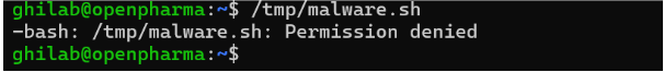 Preuve du blocage : tentative d&rsquo;exécution d&rsquo;un fichier malware.sh depuis /tmp, rejetée par un Permission denied même avec sudo