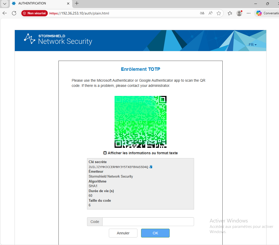 Portail captif Stormshield ou log de connexion affichant la validation du TOTP