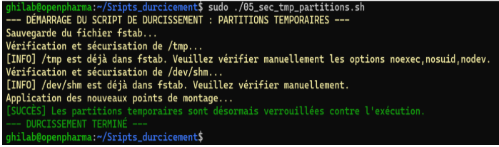 Exécution du script Bash 05_sec_tmp_partitions.sh
