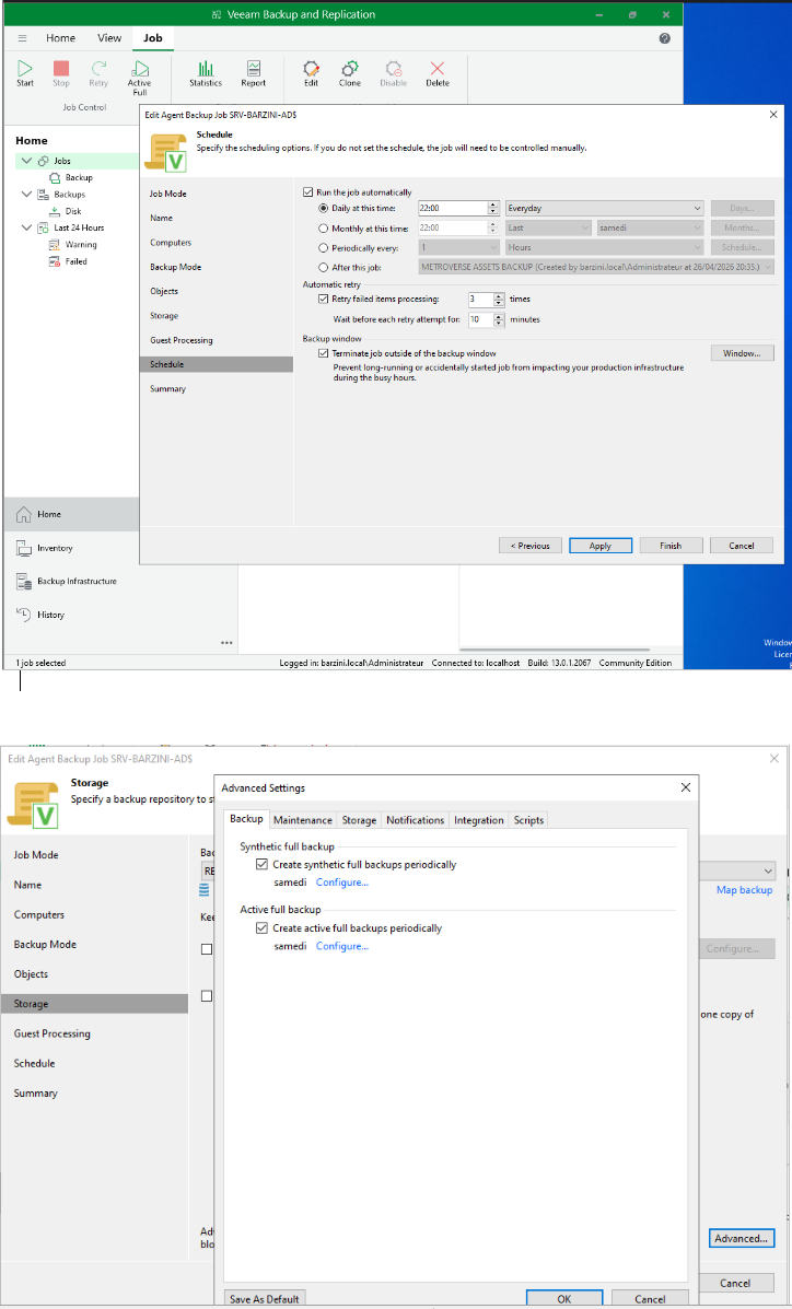 Console Veeam Backup & Replication, paramétrage du job en Volume-Level avec Application-Aware activé, ou explorateur Veeam en restauration File-Level montant l&rsquo;archive .vbk