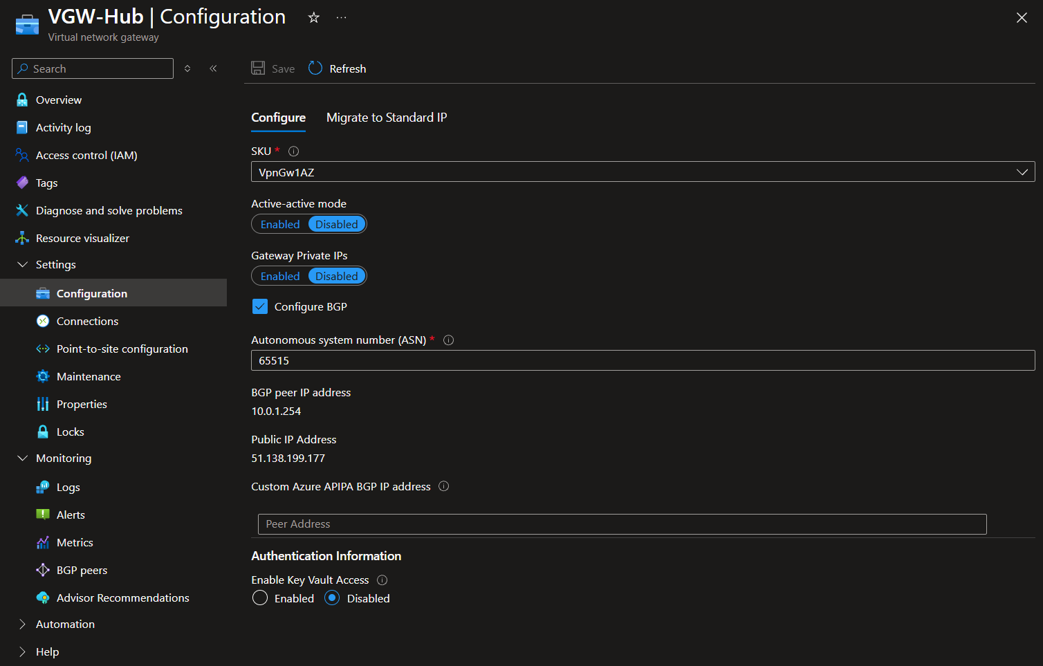 virtual network gateway config