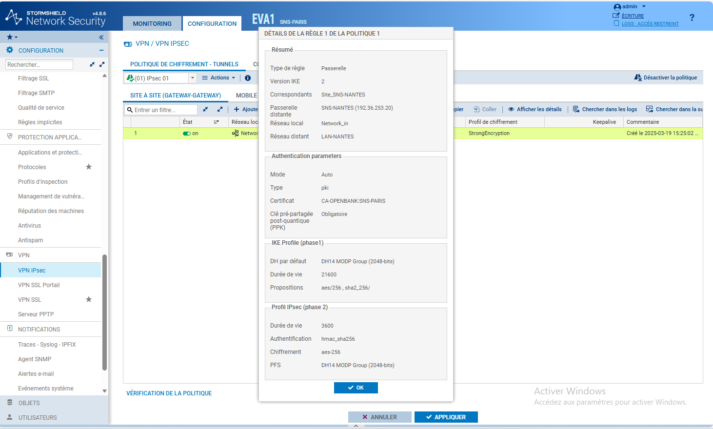 Propriétés du correspondant VPN IPsec sur Stormshield : type PKI, certificat sélectionné, profil de chiffrement StrongEncryption et clé post-quantique PPK obligatoire
